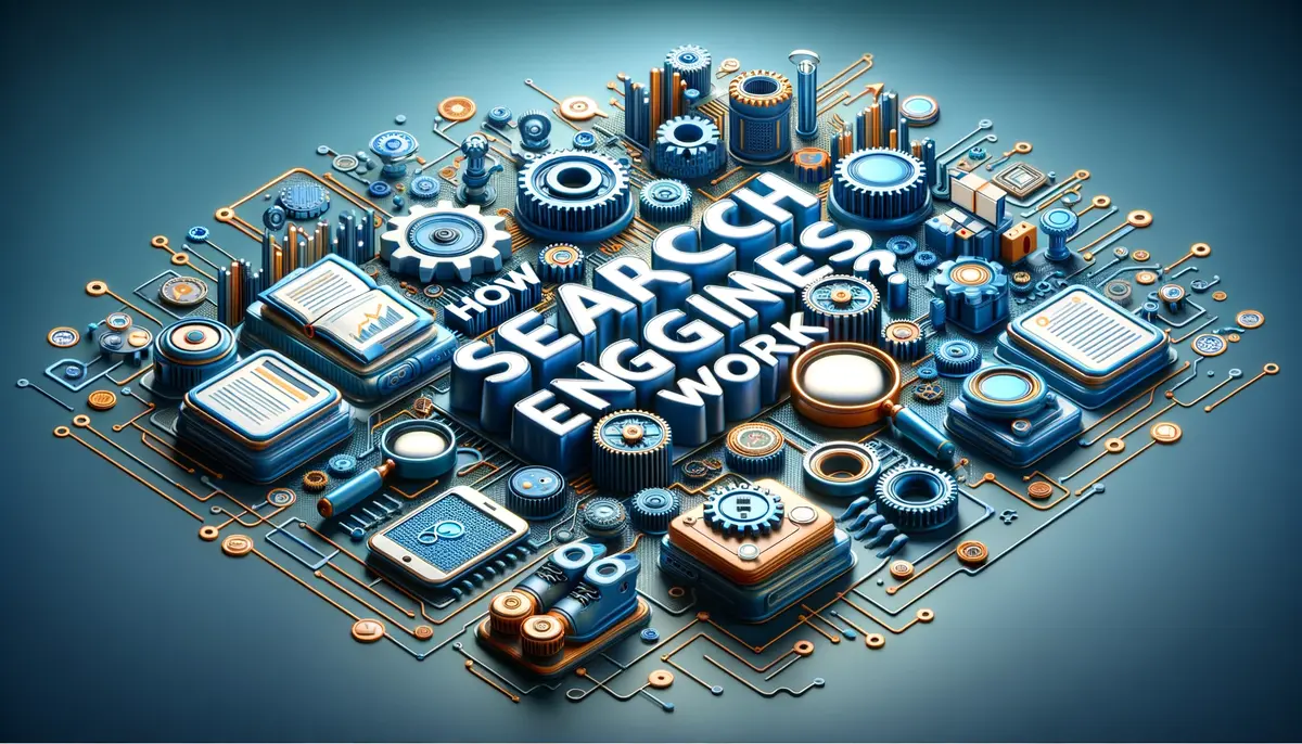 Isometric graphic depicting various mechanical and digital parts labeled 'How Search Engines Work' signifying the complex mechanisms behind search engine operations and website optimization.