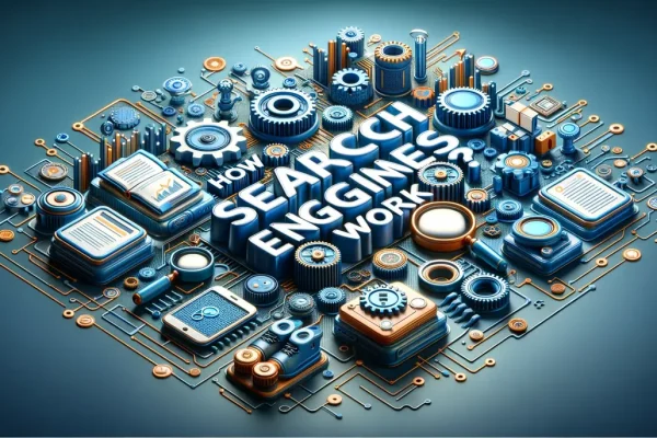 Isometric graphic depicting various mechanical and digital parts labeled 'How Search Engines Work' signifying the complex mechanisms behind search engine operations and website optimization.